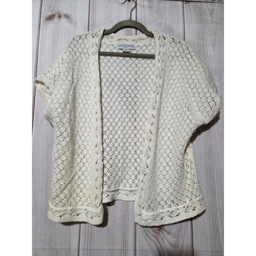 Sag Harbor Petite Cream Pointelle Knit Open Front Cardigan Ramie Cotton‎ PL